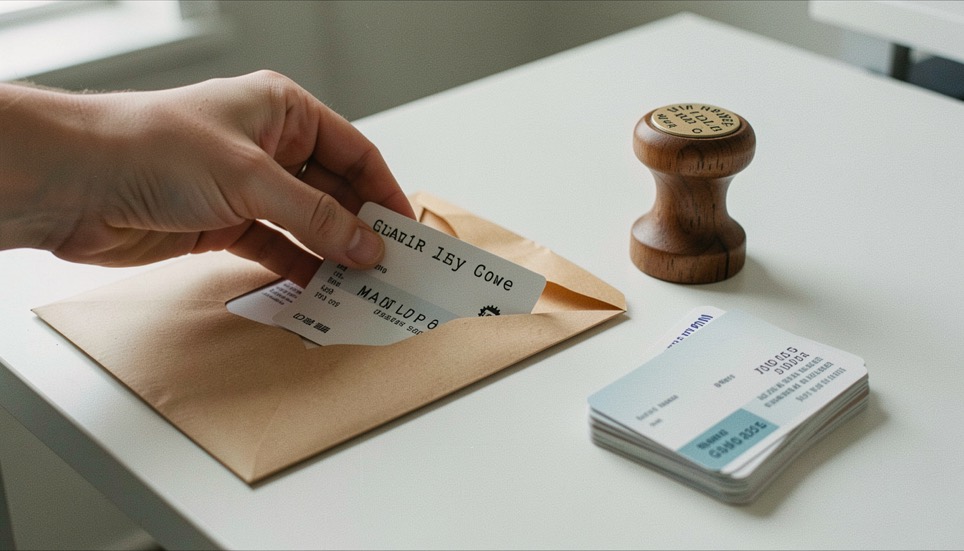 Une main glisse une carte imprimée dans une enveloppe kraft, un tampon dateur en bois et une pile de cartes sur un bureau clair, gros plan