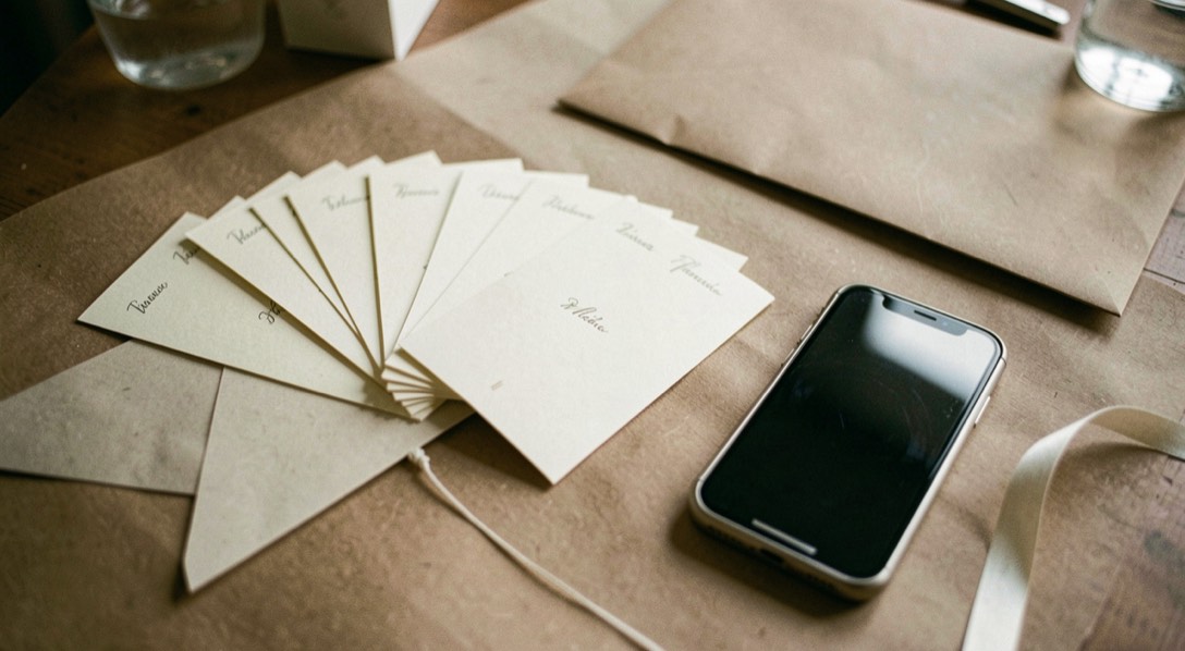 Des cartes de faire-part crème en éventail sur une table, un téléphone posé écran vers le haut, un ruban fin et une enveloppe kraft, sous lumière douce