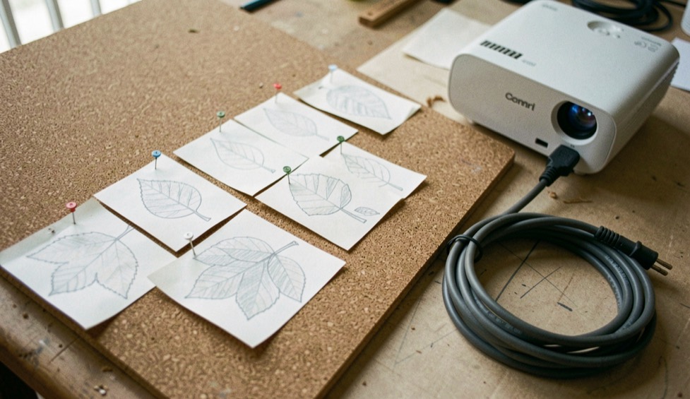Des feuilles de découpage au crayon épinglées en ligne sur un panneau en liège, un vidéoprojecteur compact et un câble enroulé posés à côté, vue plongeante