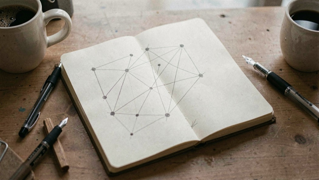 Un carnet ouvert avec un schéma de points reliés par des traits au crayon, stylos et tasse en bord de cadre, vue plongeante sous lumière douce