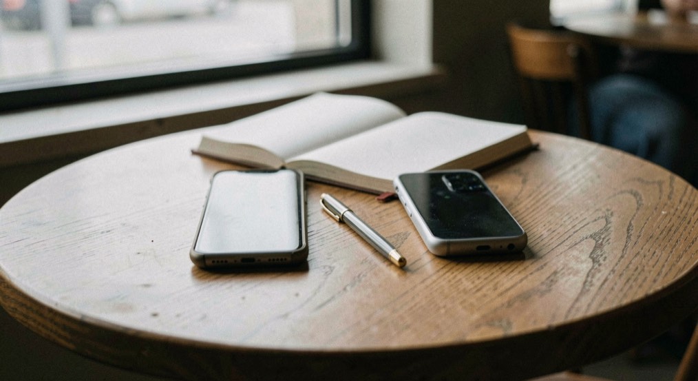 Deux téléphones posés côte à côte sur une table de café, un carnet ouvert et un stylo entre eux, sous lumière de fenêtre