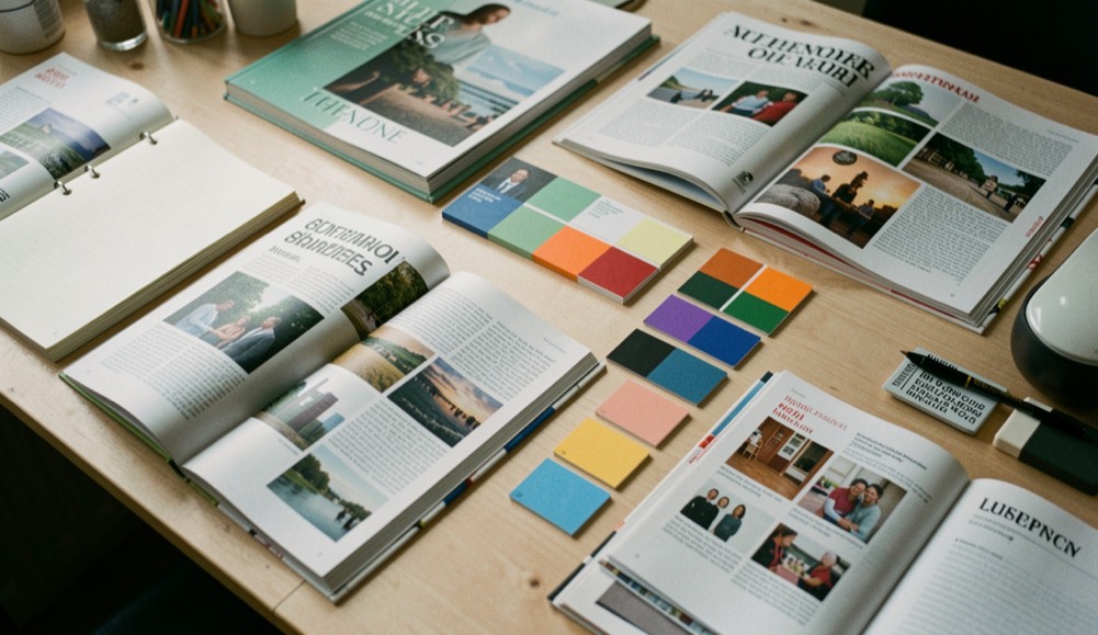 Magazines ouverts, carnet de notes et cartes de couleurs regroupées par thème sur une table de travail en bois clair, vue plongeante sous lumière latérale douce